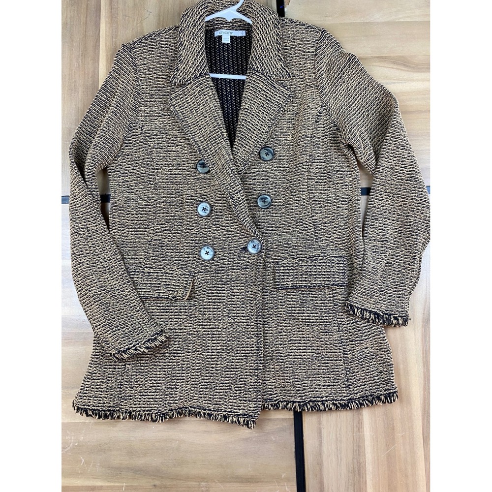 Chicos Black Tan Textured Double Breasted Fringe Blazer Jacket Womens Size‎ M